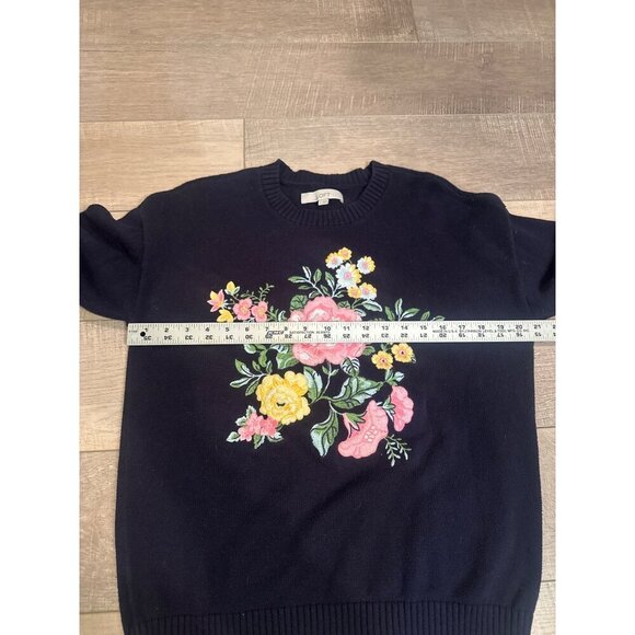 Floral Embroidered Womens Knit Sweater By Loft Large Cotton Blend Black - Picture 5 of 8